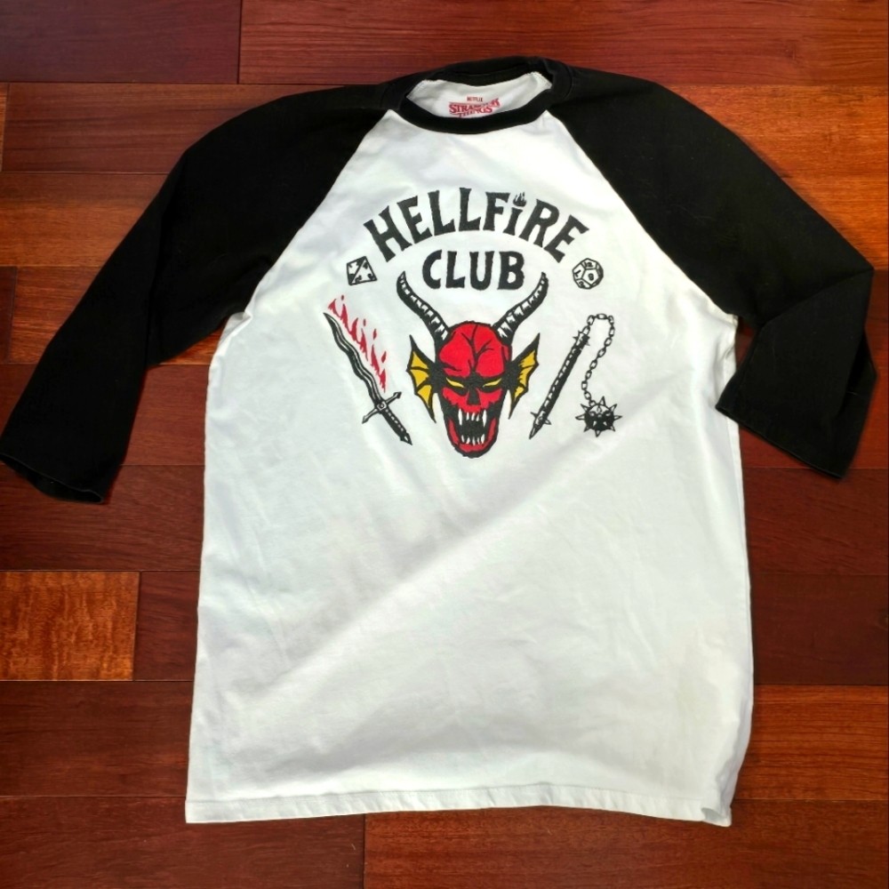 Hellfire Club Stranger Things Licensed Our Universe T-Shirt Small 3/4 Sleeve